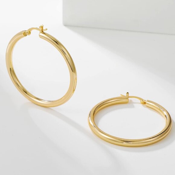 4mm Thick Gold Chunky Hoop Earrings for Women - Sterling Silver, Hypoallergenic - Picture 9 of 9